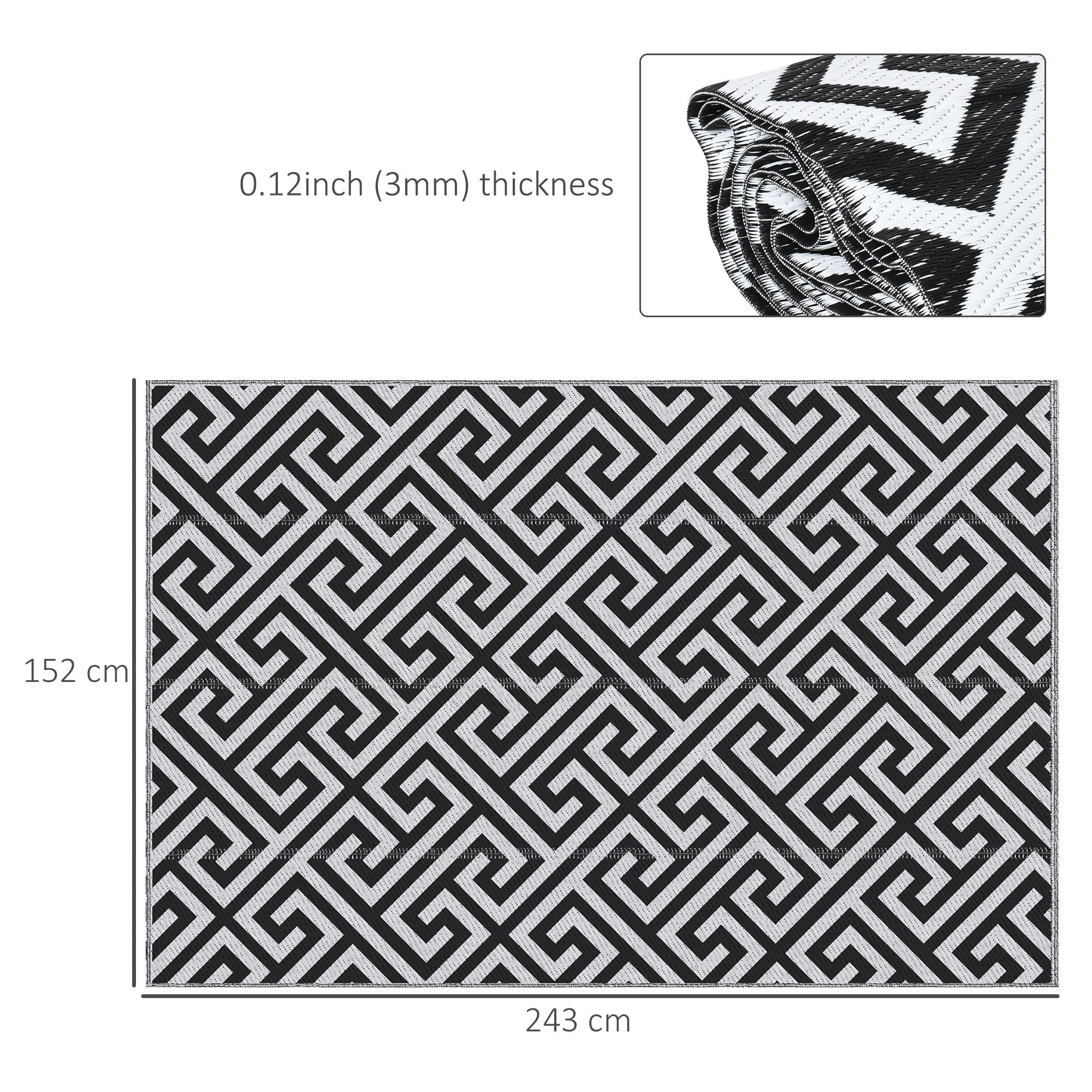 Outsunny 121 x 182 cm (4x6ft) Outdoor Rug Reversible Mat Plastic Straw Rug Portable RV Camping Mat for Garden Deck Picnic Indoor, Black & White