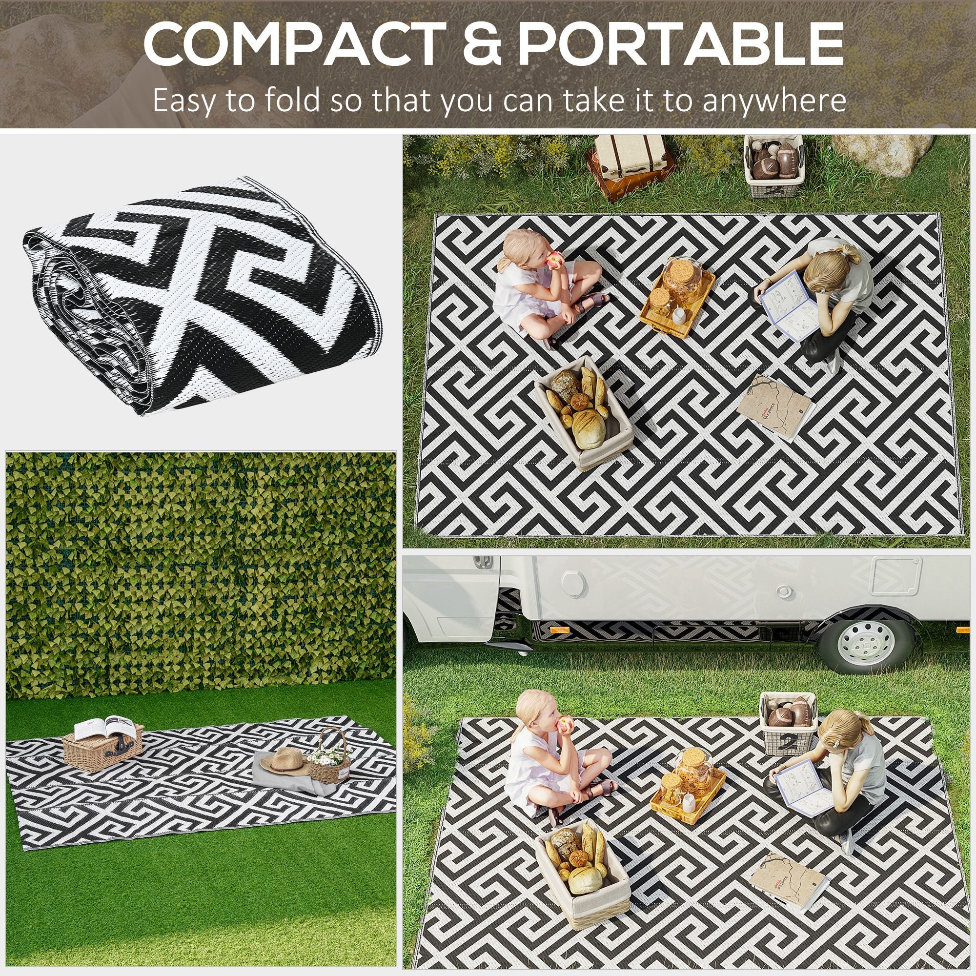 Outsunny 121 x 182 cm (4x6ft) Outdoor Rug Reversible Mat Plastic Straw Rug Portable RV Camping Mat for Garden Deck Picnic Indoor, Black & White