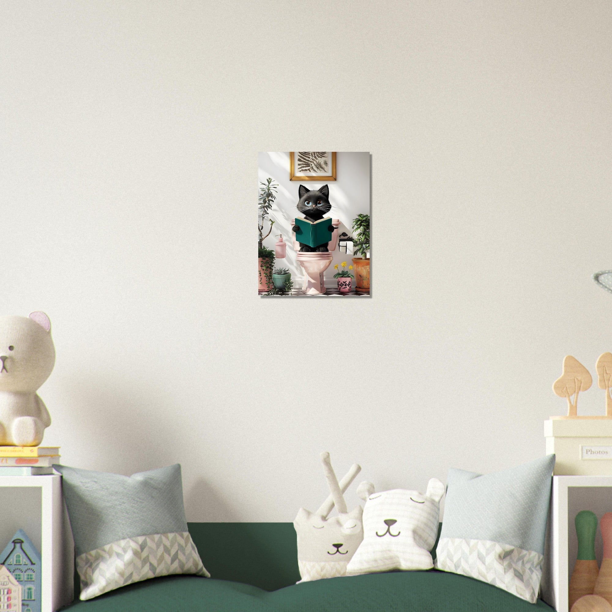 Charming Black Cat on Pink Toilet Poster - Cute Art for Cat Lovers