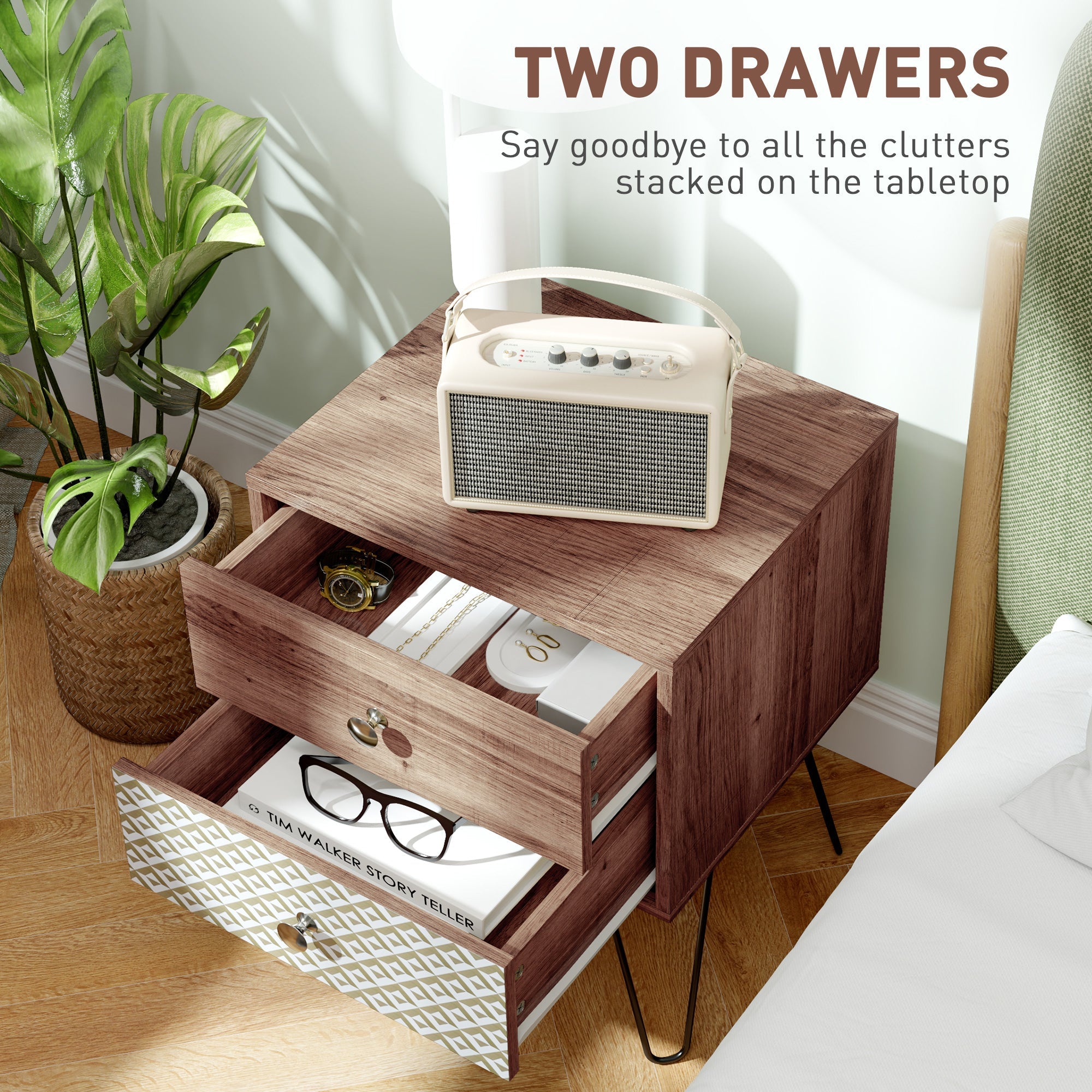 HOMCOM 2-Drawer Nightstand, Sofa Bedside Table for Living Room, Bedroom