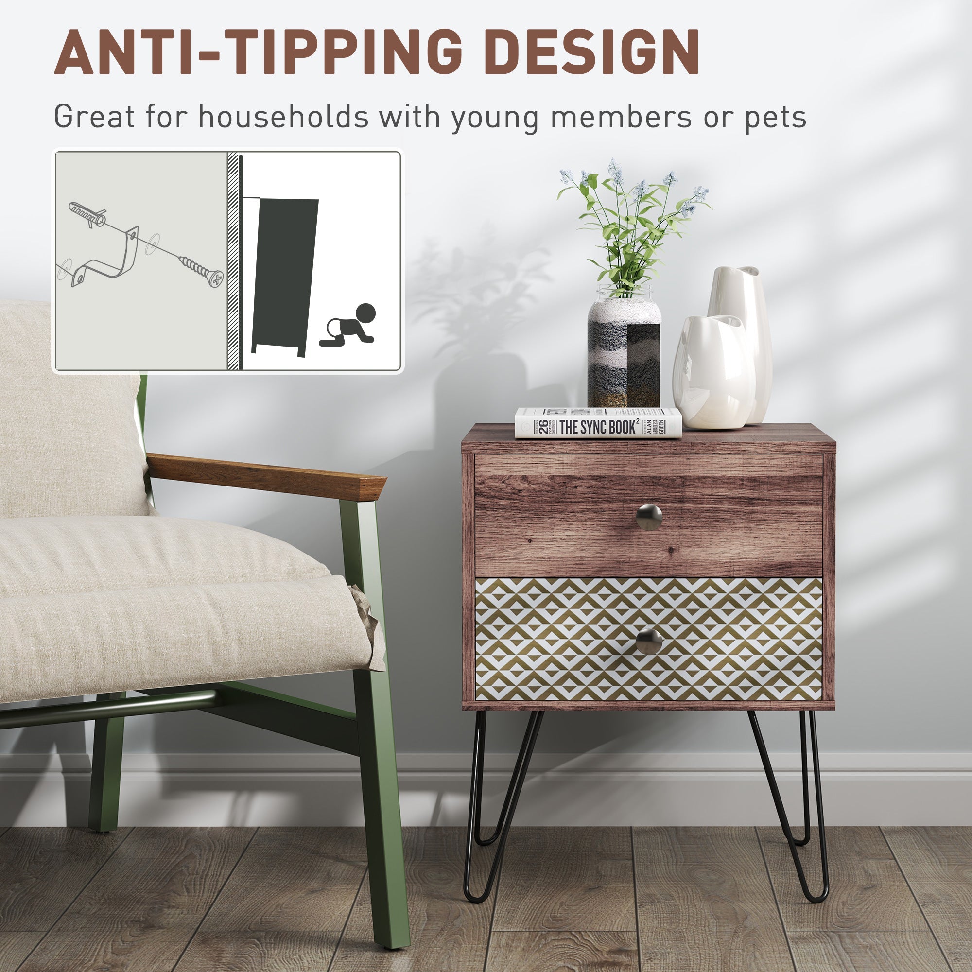 HOMCOM 2-Drawer Nightstand, Sofa Bedside Table for Living Room, Bedroom