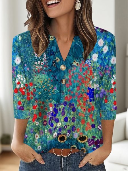 Casual Printed V-neck Top T-shirt Women's Clothing