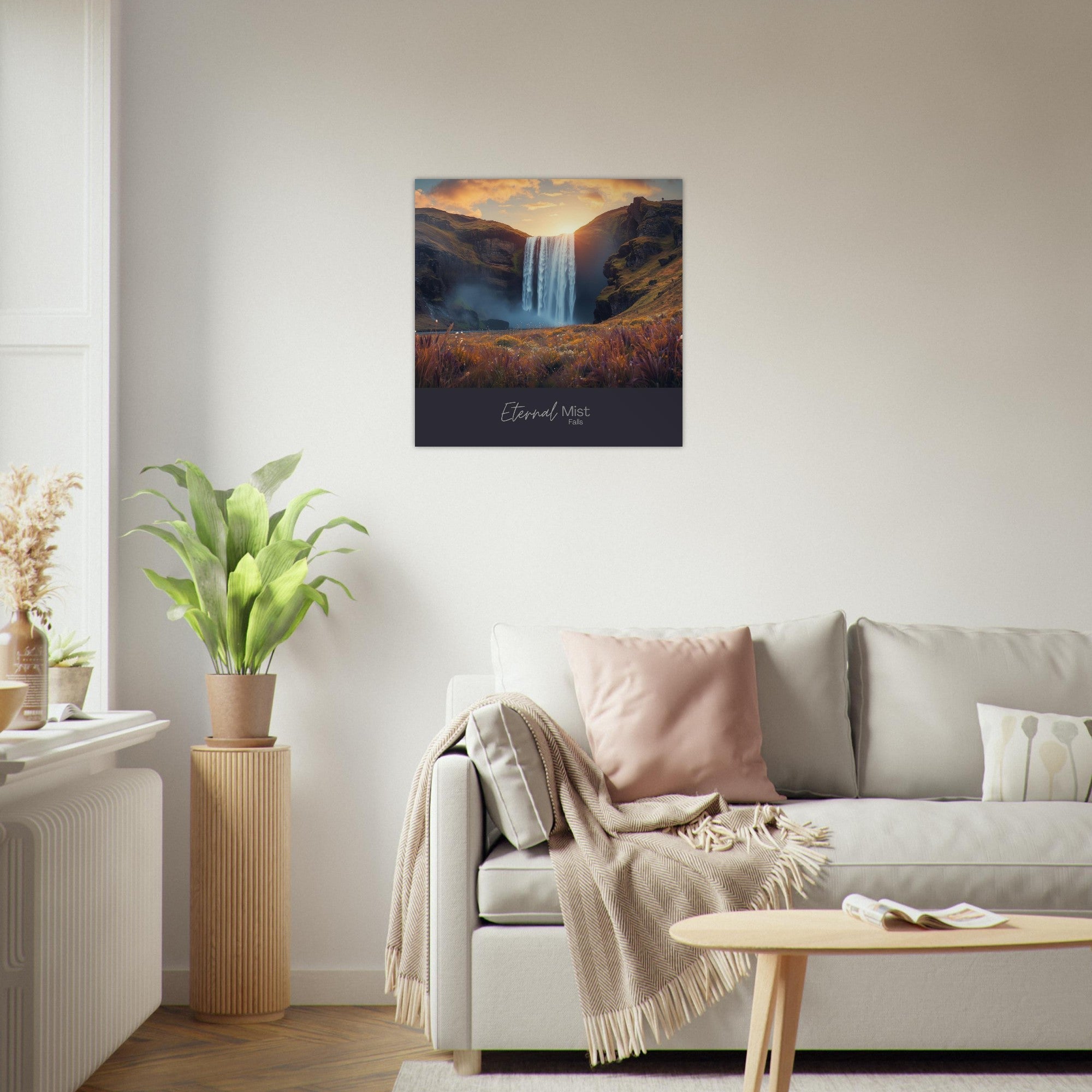Eternal Mist Waterfall Poster | Sunset Landscape Wall Art | Modern Nature Decor