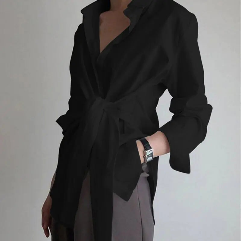 Chic Long Sleeve Ruched Tie Front Blouse for Women - Elegant Office Attire in Black, White, Blue