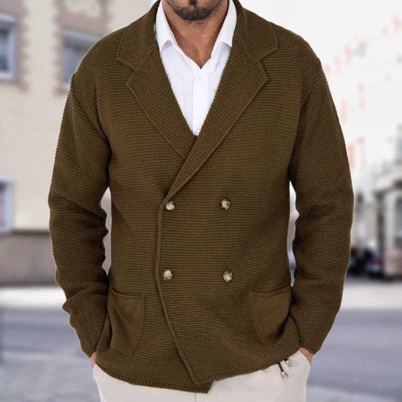 Cardigan Lapel Sweater Coat For Men Fall Winter Slim Double Breasted Sweaters Business Casual Style Lightweight Tops