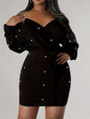 Beaded Bodycon Dress Casual Long-sleeve Solid-color Off-shoulder Dress Women's Apparel