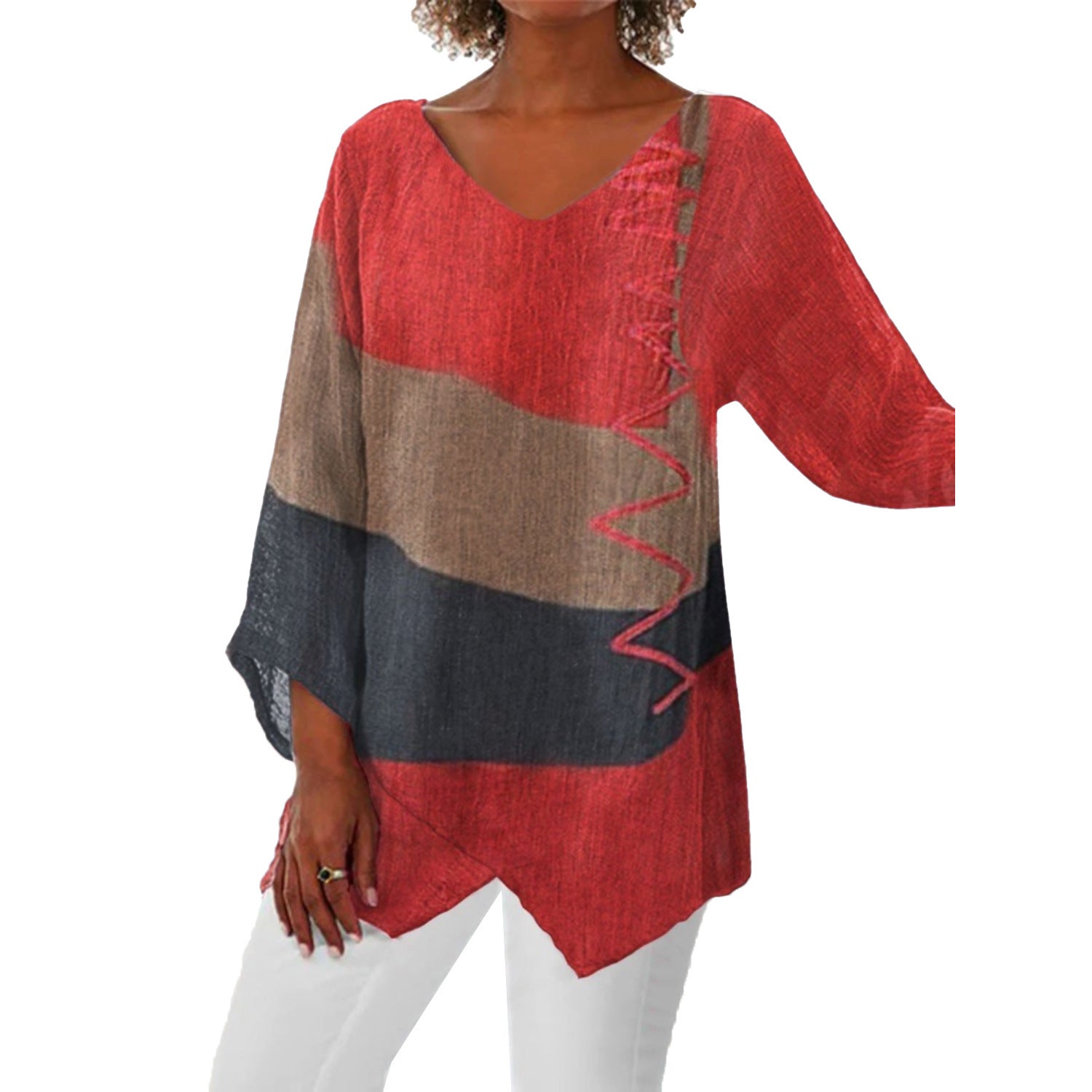 Ins Colorblock Print V-neck Long Sleeve T-Shirt Fashion Loose Tops Autumn And Spring Women's Clothing