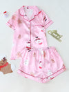 Cute Cartoon Pajama Set With A Turn-down Collar Short Sleeves