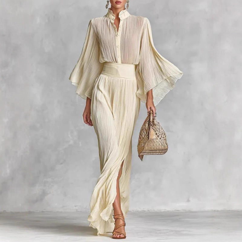 Pleated Wide-sleeve Shirt And Maxi Skirt Two-piece Women's Set