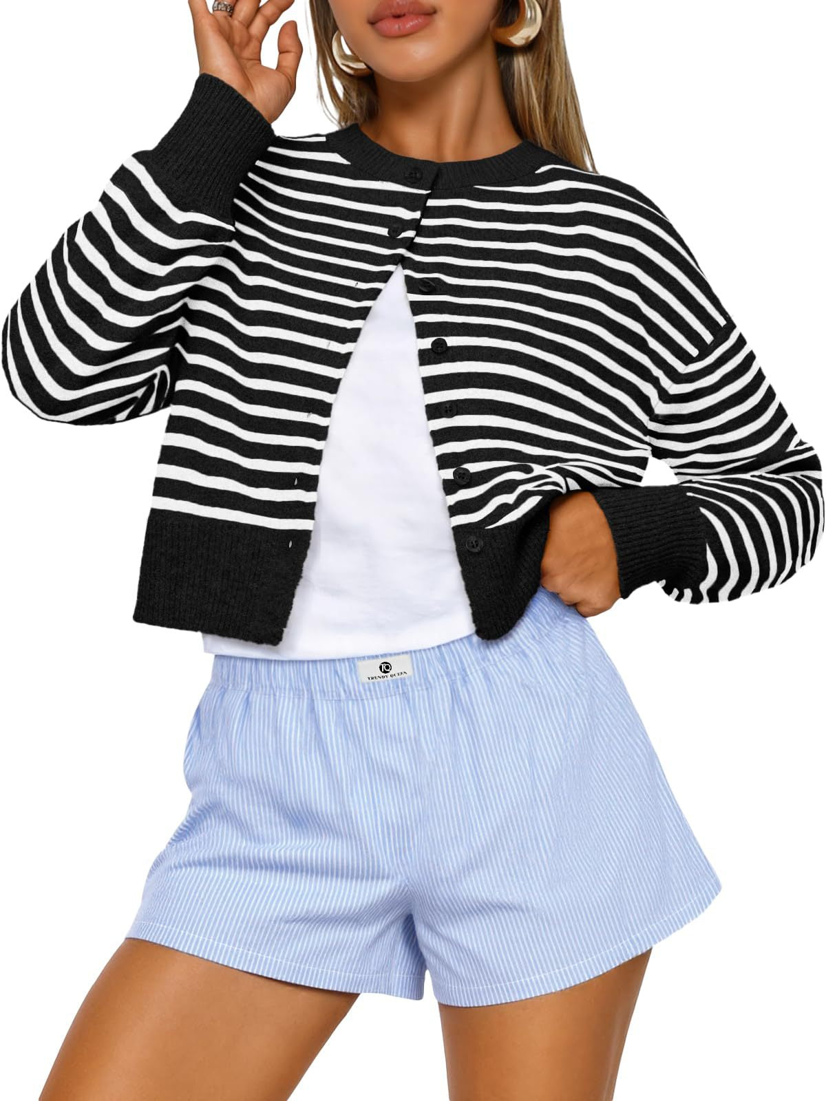 Buttoned Long-sleeve Crew-neck Solid-color Cropped Knit Sweater
