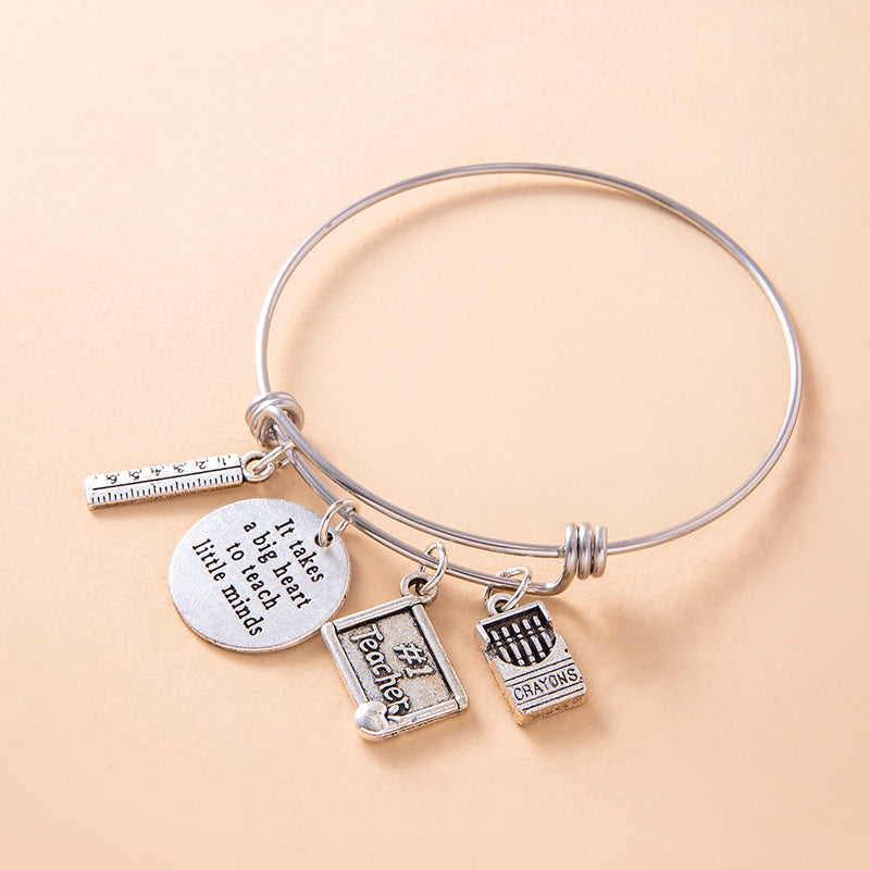Creative Silver Ruler Crayons Charms Inspirational Bracelet Vintage Stainless Steel Adjustable Bangle Teacher's Day Gift