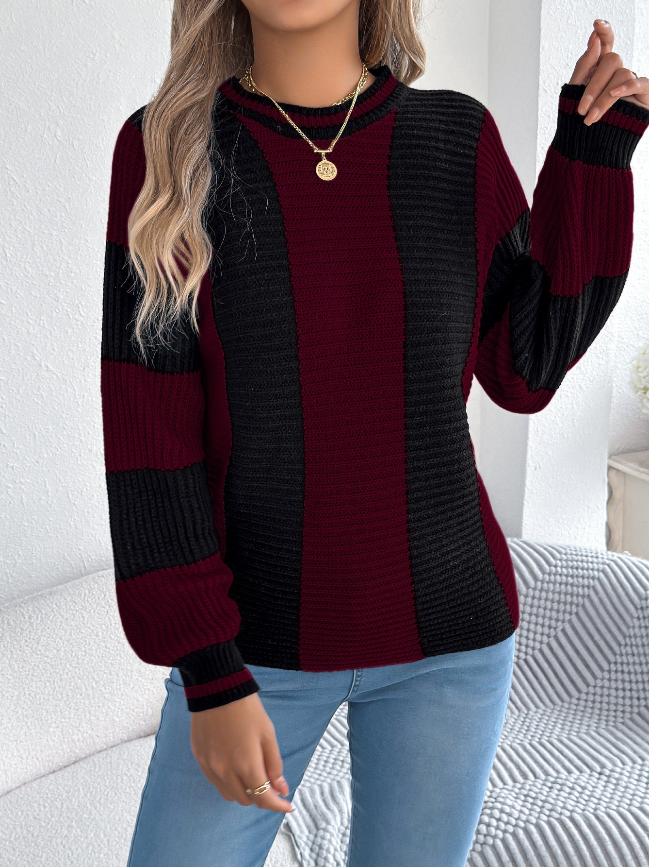 Women Casual Color Block Stripe Lantern Sleeve Pullover Sweater