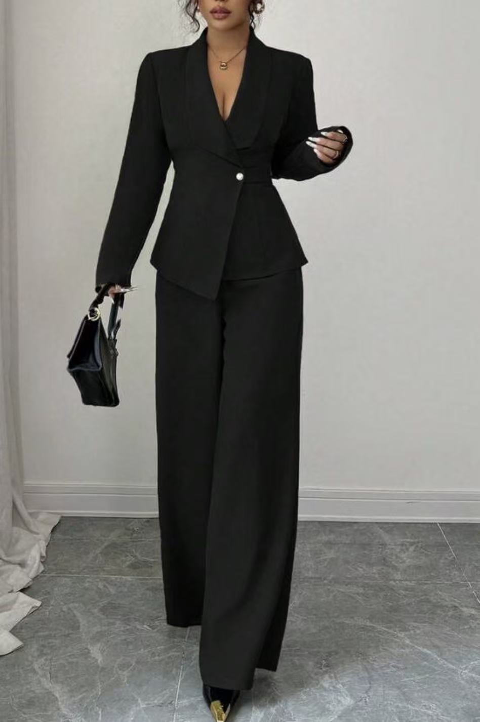 Solid-color Long-sleeve Straight-leg Pants Set For Women