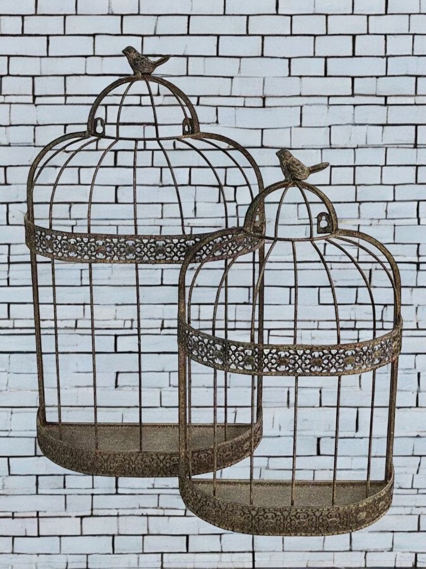 48/60CM SET 2 FLOWER BASKET BIRD CAGE WALL MIRRORS