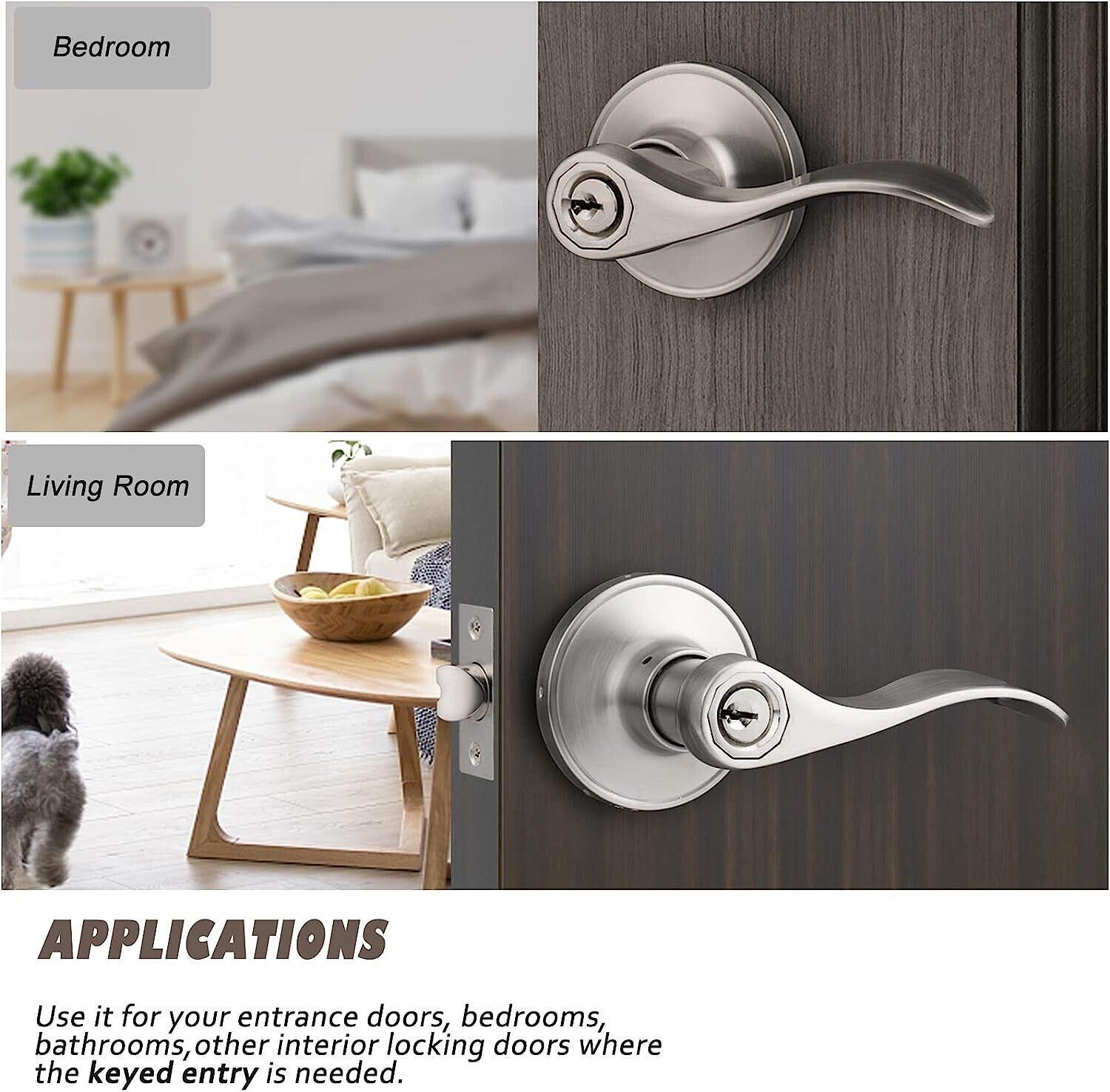 Exterior Door Handle Lock Satin Nickel Keyed Entry Wave Style Probrico