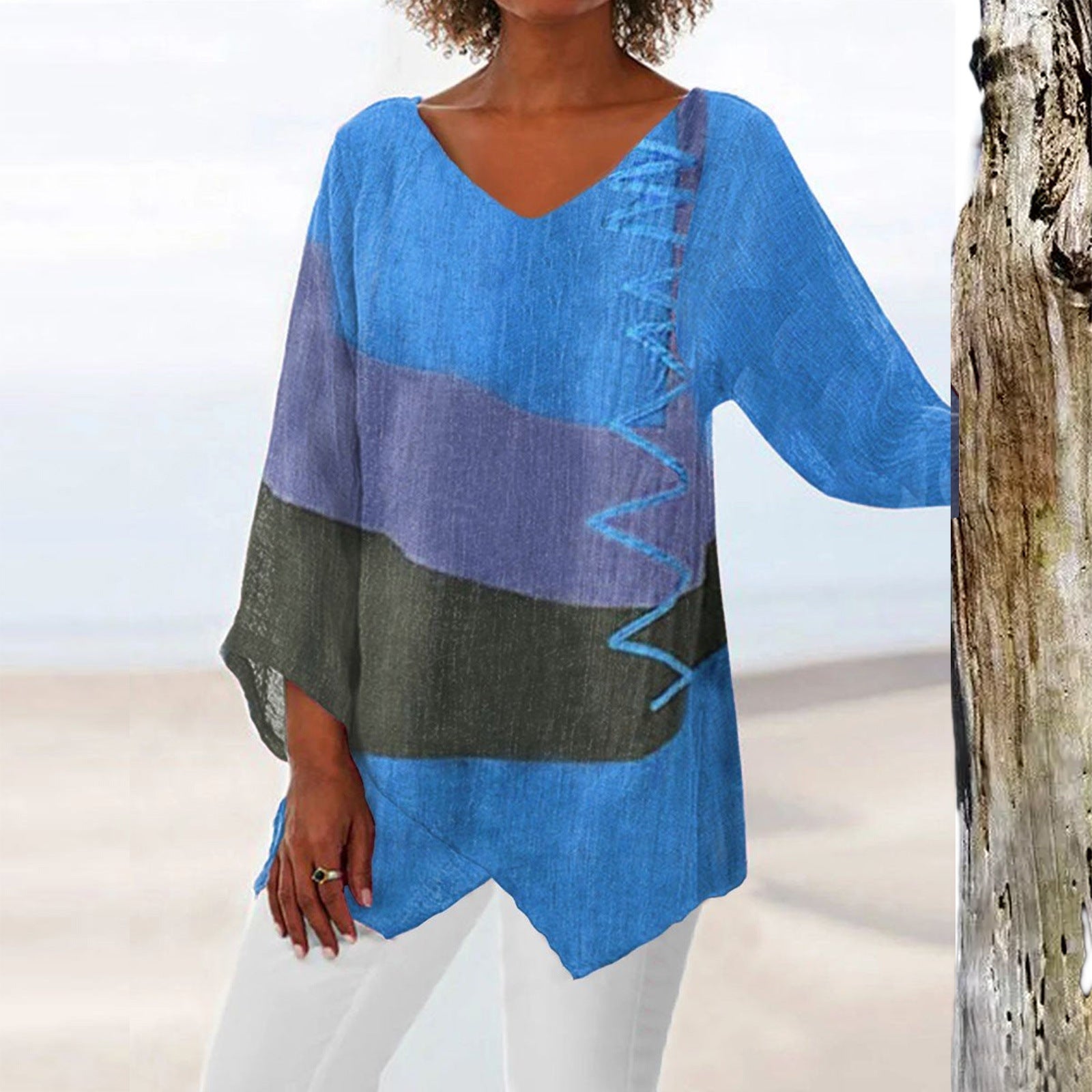 Ins Colorblock Print V-neck Long Sleeve T-Shirt Fashion Loose Tops Autumn And Spring Women's Clothing
