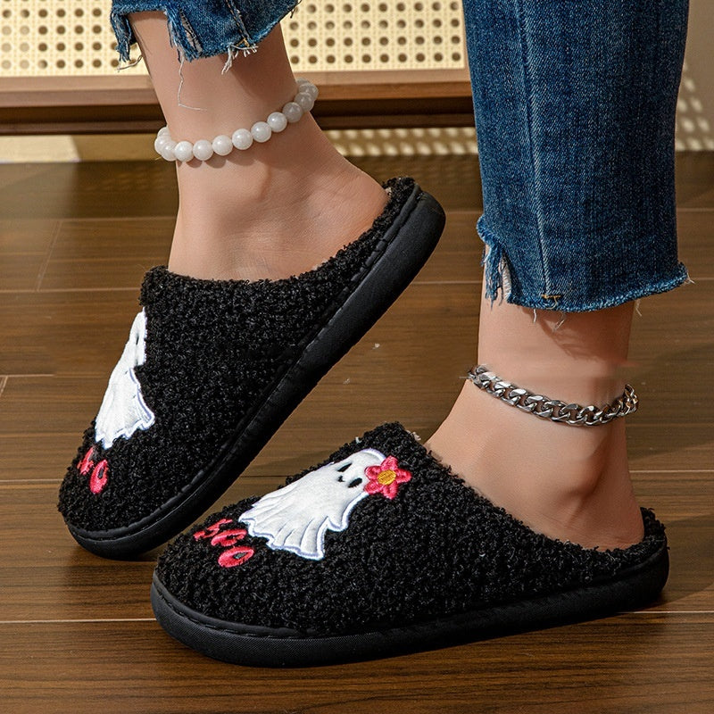 Plush Black Ghost Cartoon Slippers for Halloween - Unisex, Comfortable and Stylish Footwear