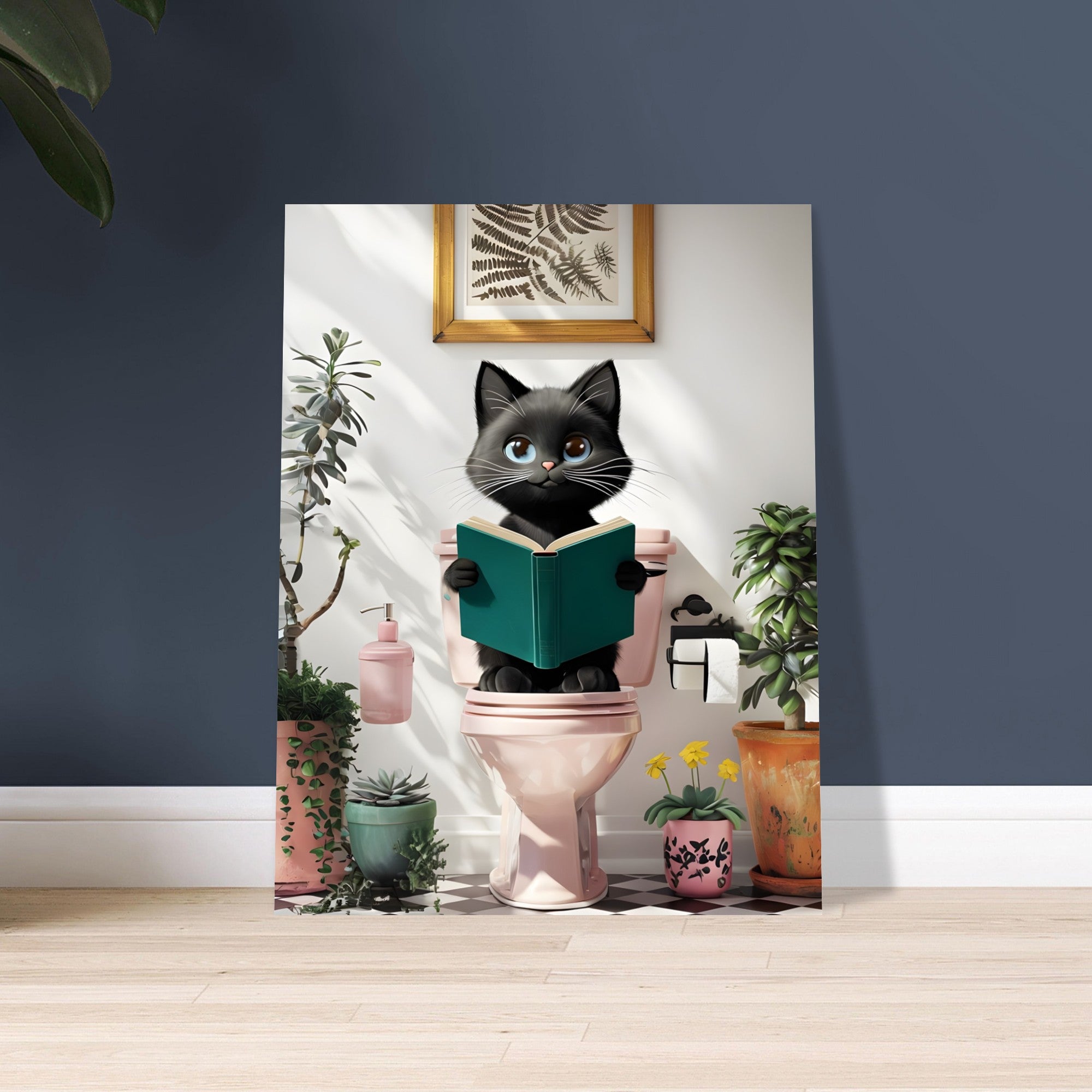 Charming Black Cat on Pink Toilet Poster - Cute Art for Cat Lovers