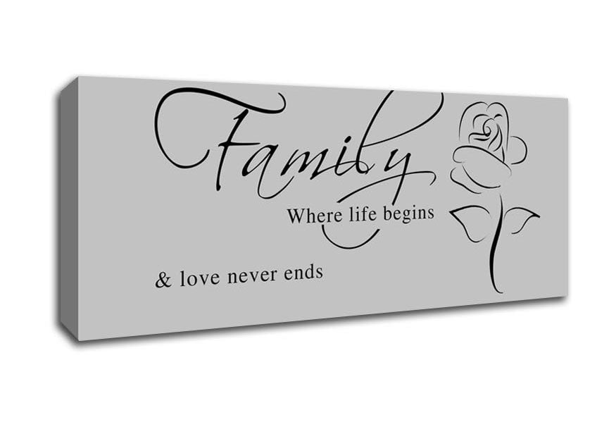 Family Quote Family Where Life Begins 1 Grey Canvas Wall Art - Zestio
