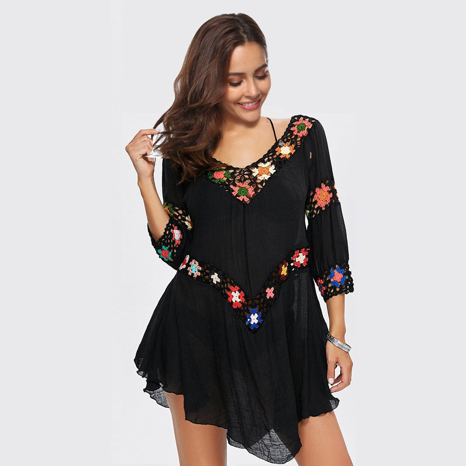 Amazon AliExpress Hot Selling Product Boho Hollow Out Hand Crocheting Flower Bikini Loose Beach Cover-up