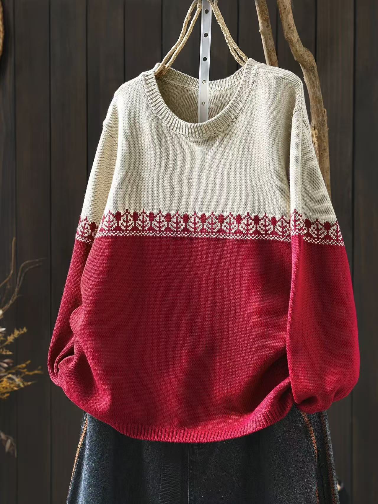 Crew-neck Preppy-style Cotton Knit Sweater Loose And Casual