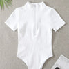 Ribbed Short-sleeve Tight-fitting High-stretch Turtleneck Zip-up Bodysuit