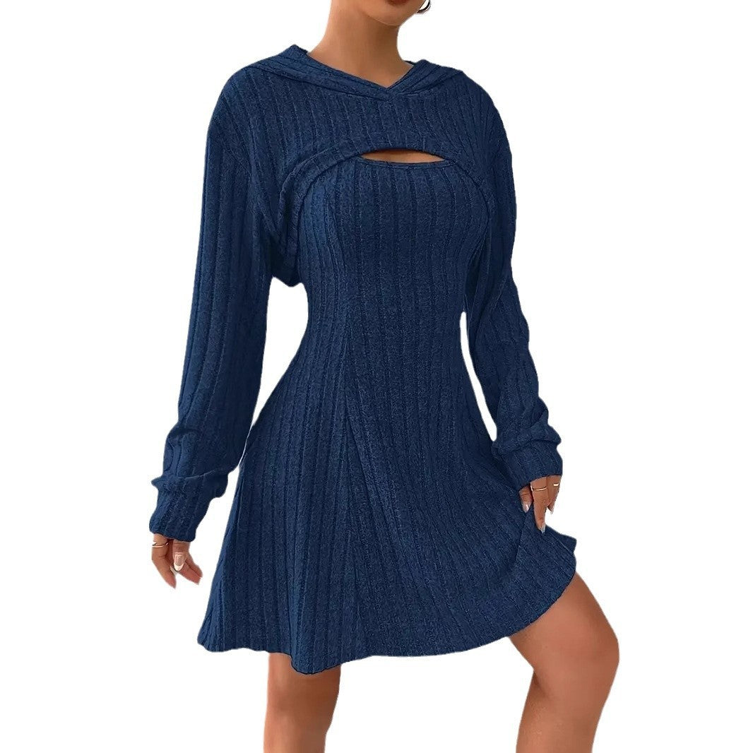 Women's Two-piece Set Dresses New Fashion Fall Winter Hooded Shawl Long-sleeved Vest Short Skirt