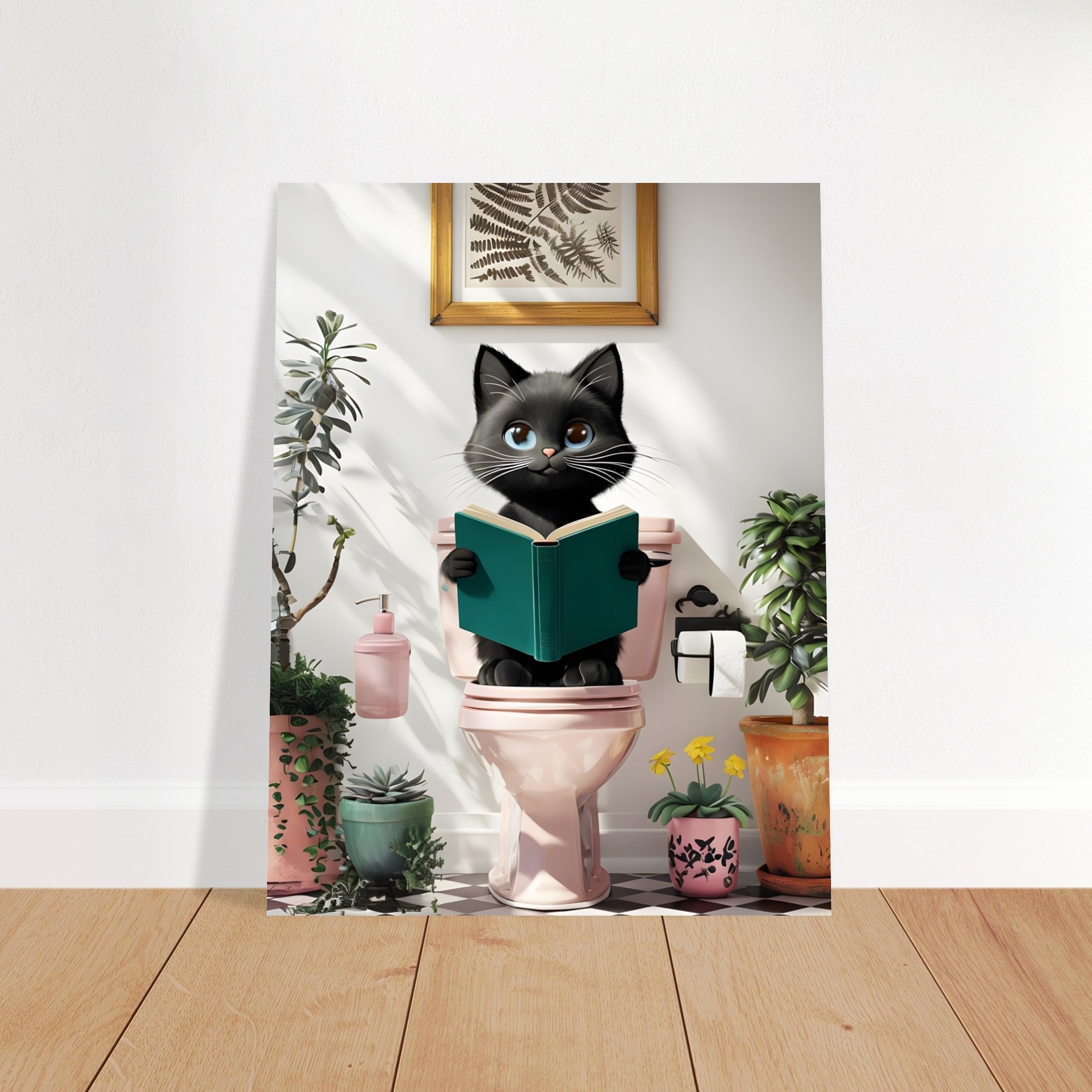 Charming Black Cat on Pink Toilet Poster - Cute Art for Cat Lovers