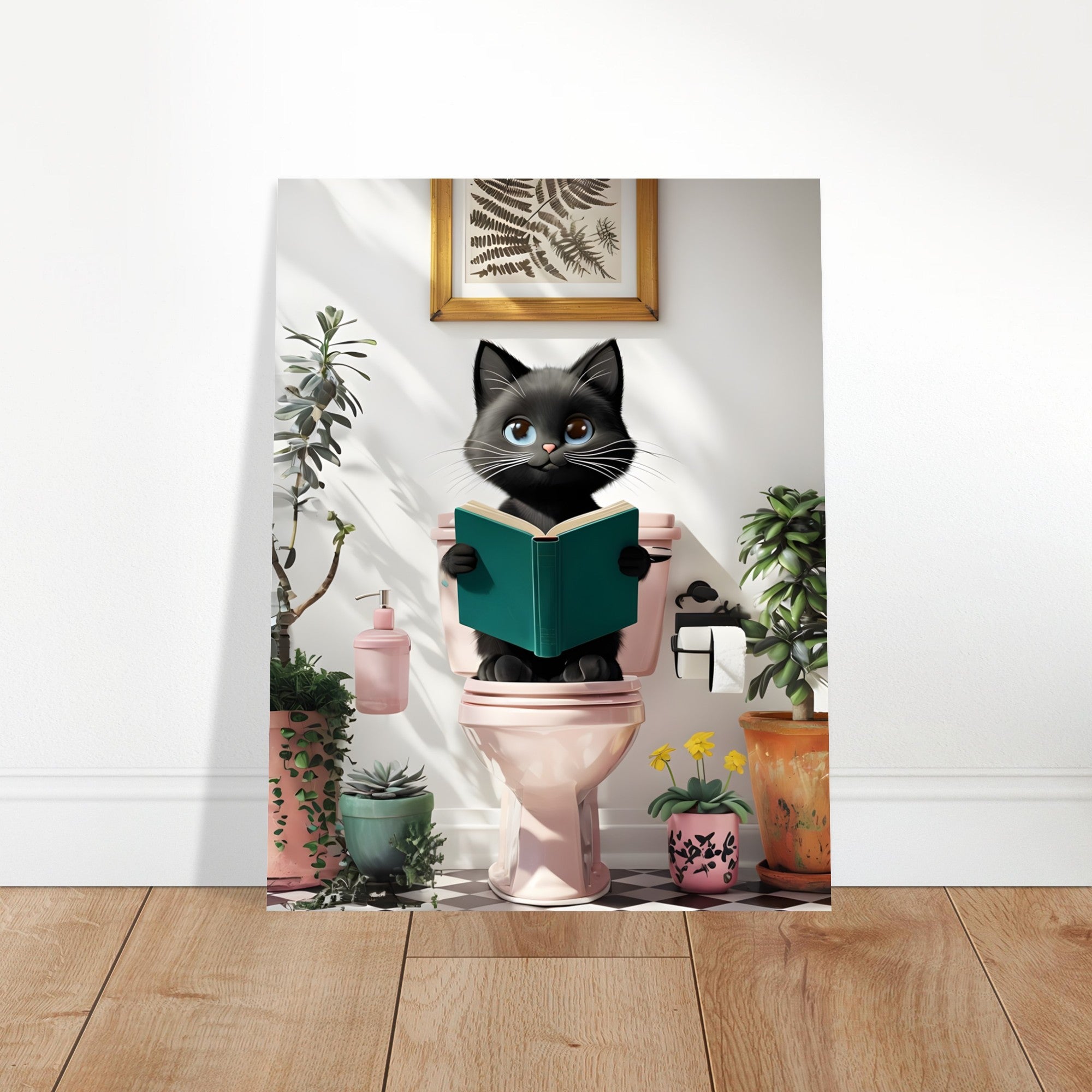 Charming Black Cat on Pink Toilet Poster - Cute Art for Cat Lovers