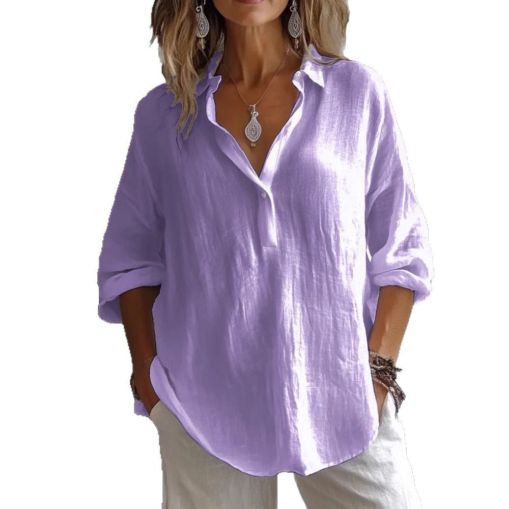 Fashion Long-sleeved Lapel Pullover Shirt Casual Loose Solid Color T-shirt Tops Women's Clothing