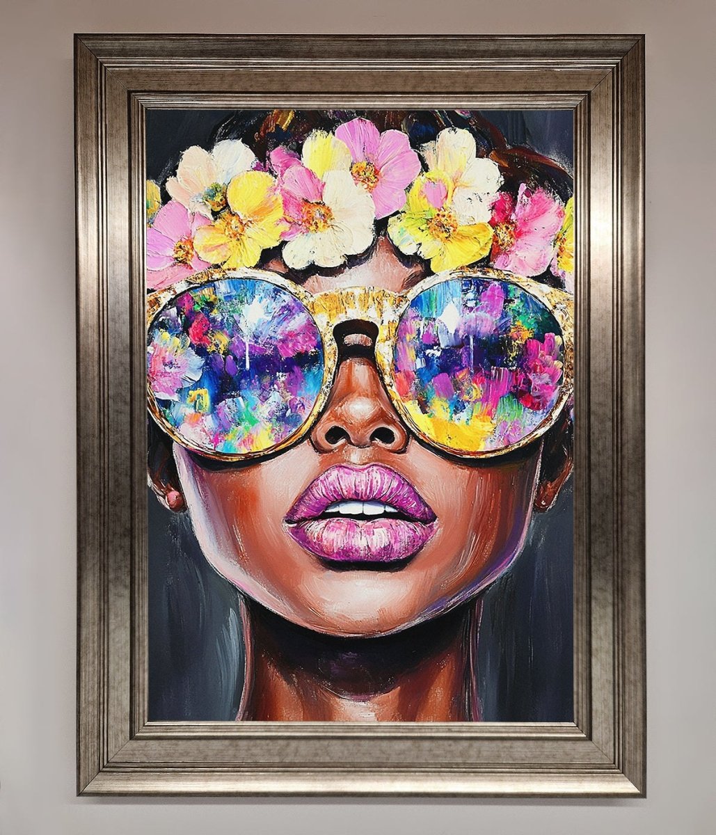 Floral Woman With Glasses and Pink Lips Framed Print - Zestio
