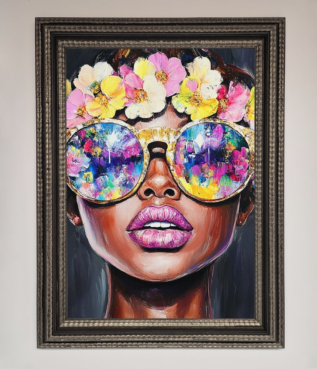 Floral Woman With Glasses and Pink Lips Framed Print - Zestio