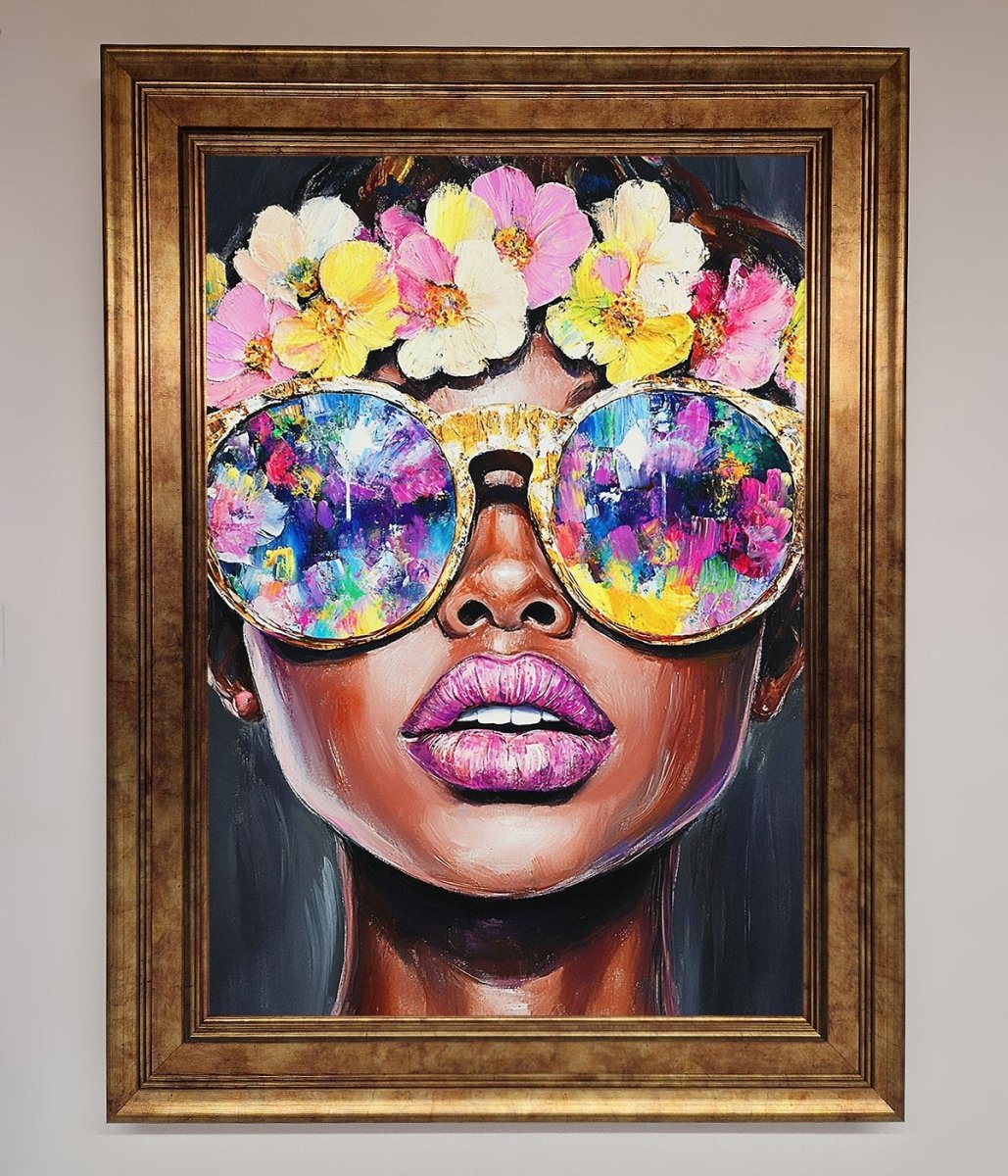Floral Woman With Glasses and Pink Lips Framed Print - Zestio