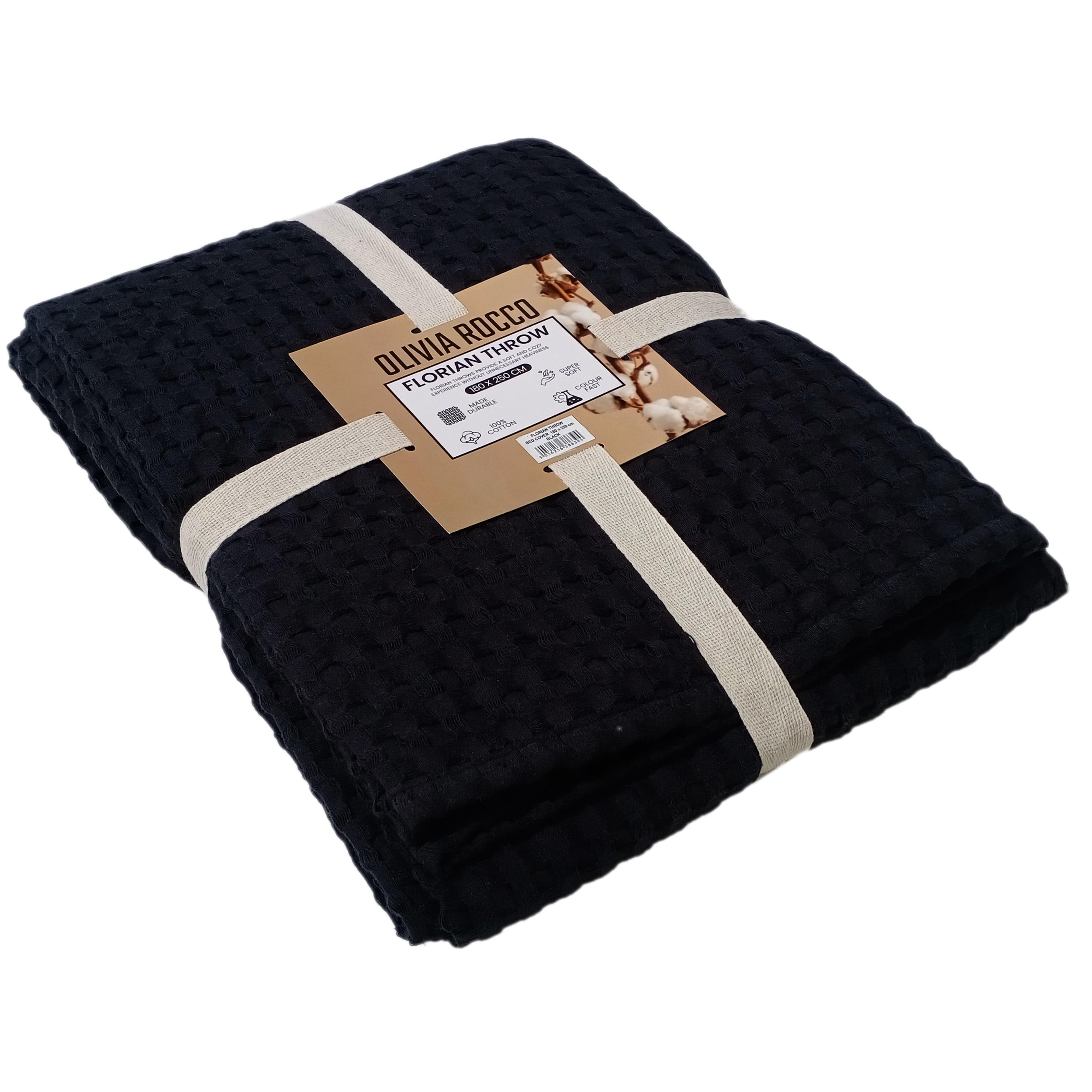 OLIVIA ROCCO Florian Checked Throw Blanket 100 Percent Cotton Black Bedspread For Sofas Armchairs Settees Couches And Beds