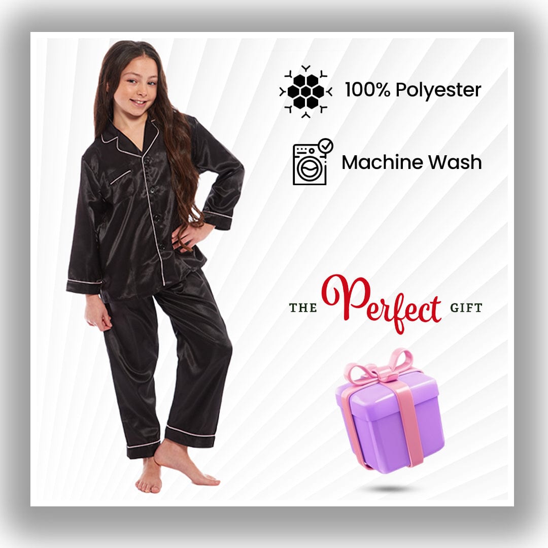 OLIVIA ROCCO Girls Satin Silk Long Sleeve Pajama Set Black Pink Grey 5-14 Button Down Shirt Loose Fit Pants Daisy Dreamer