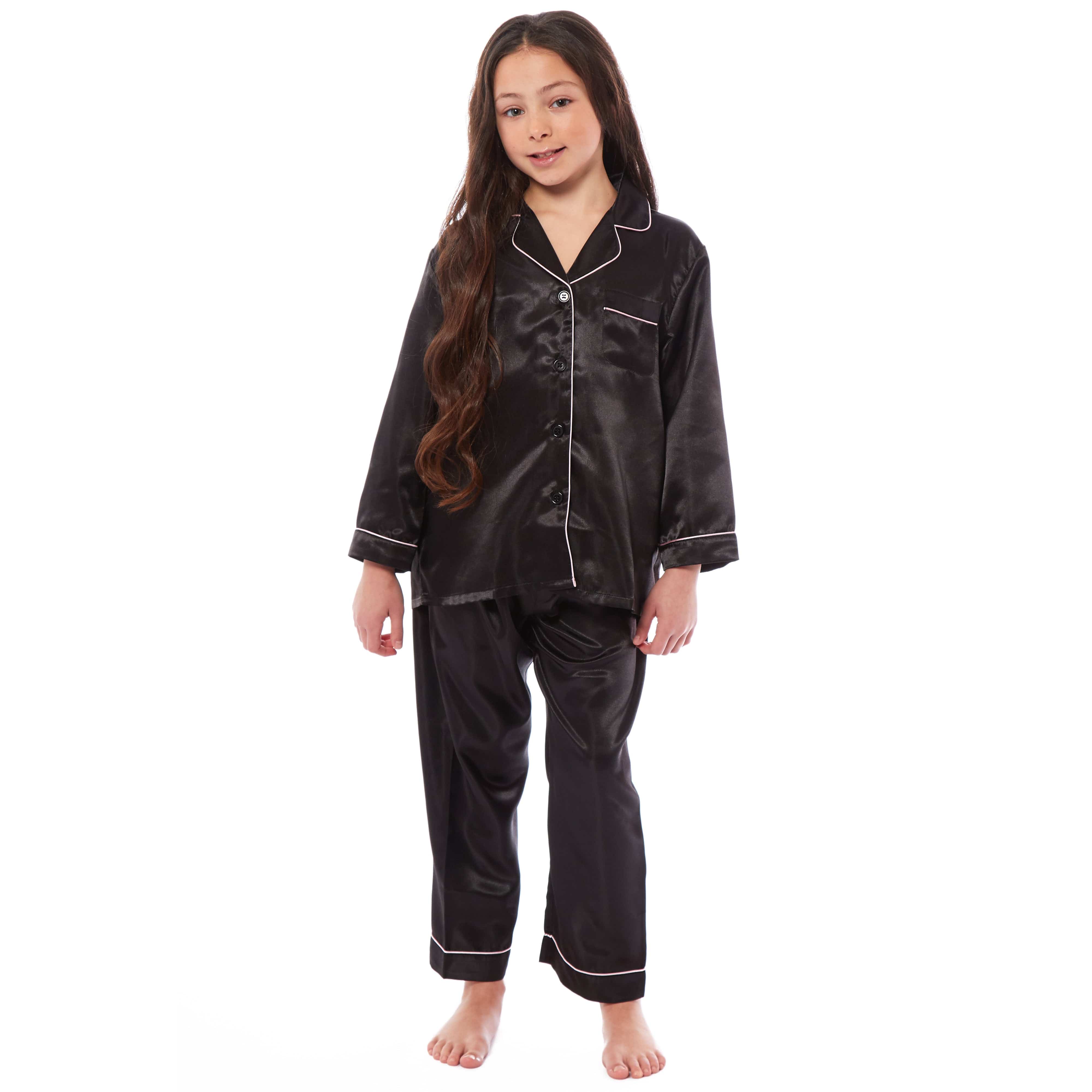 OLIVIA ROCCO Girls Satin Silk Long Sleeve Pajama Set Black Pink Grey 5-14 Button Down Shirt Loose Fit Pants Daisy Dreamer