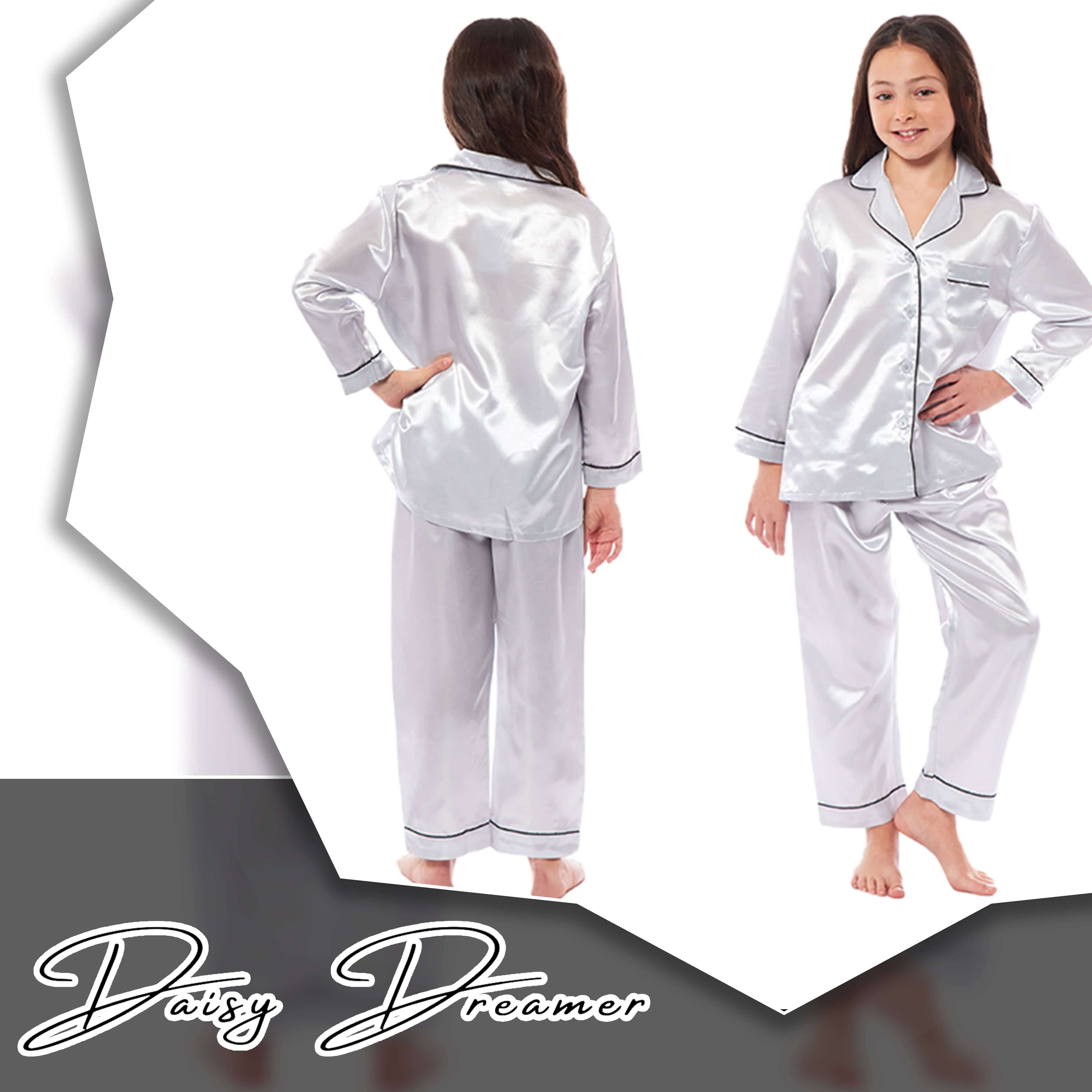 OLIVIA ROCCO Girls Satin Silk Long Sleeve Pajama Set Black Pink Grey 5-14 Button Down Shirt Loose Fit Pants Daisy Dreamer