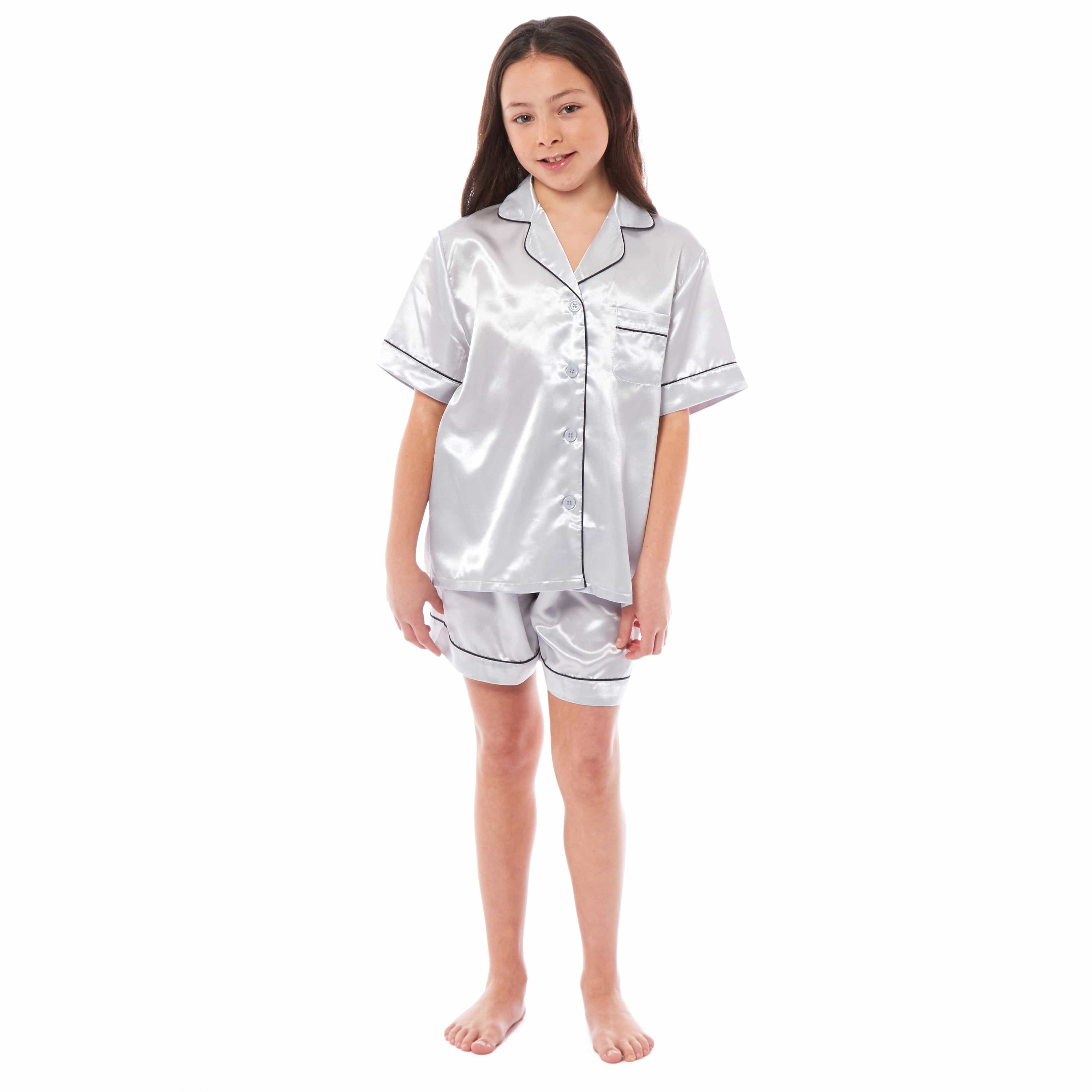 OLIVIA ROCCO Girls Satin Silk Short Pyjama Set Button Down Shirt And Loose Fitting Pants Ages 5-14 Black Pink Grey Cozy Nightwear