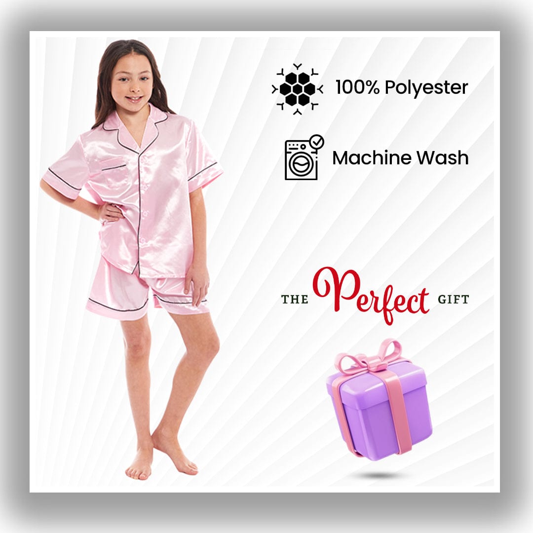 OLIVIA ROCCO Girls Satin Silk Short Pyjama Set Button Down Shirt And Loose Fitting Pants Ages 5-14 Black Pink Grey Cozy Nightwear
