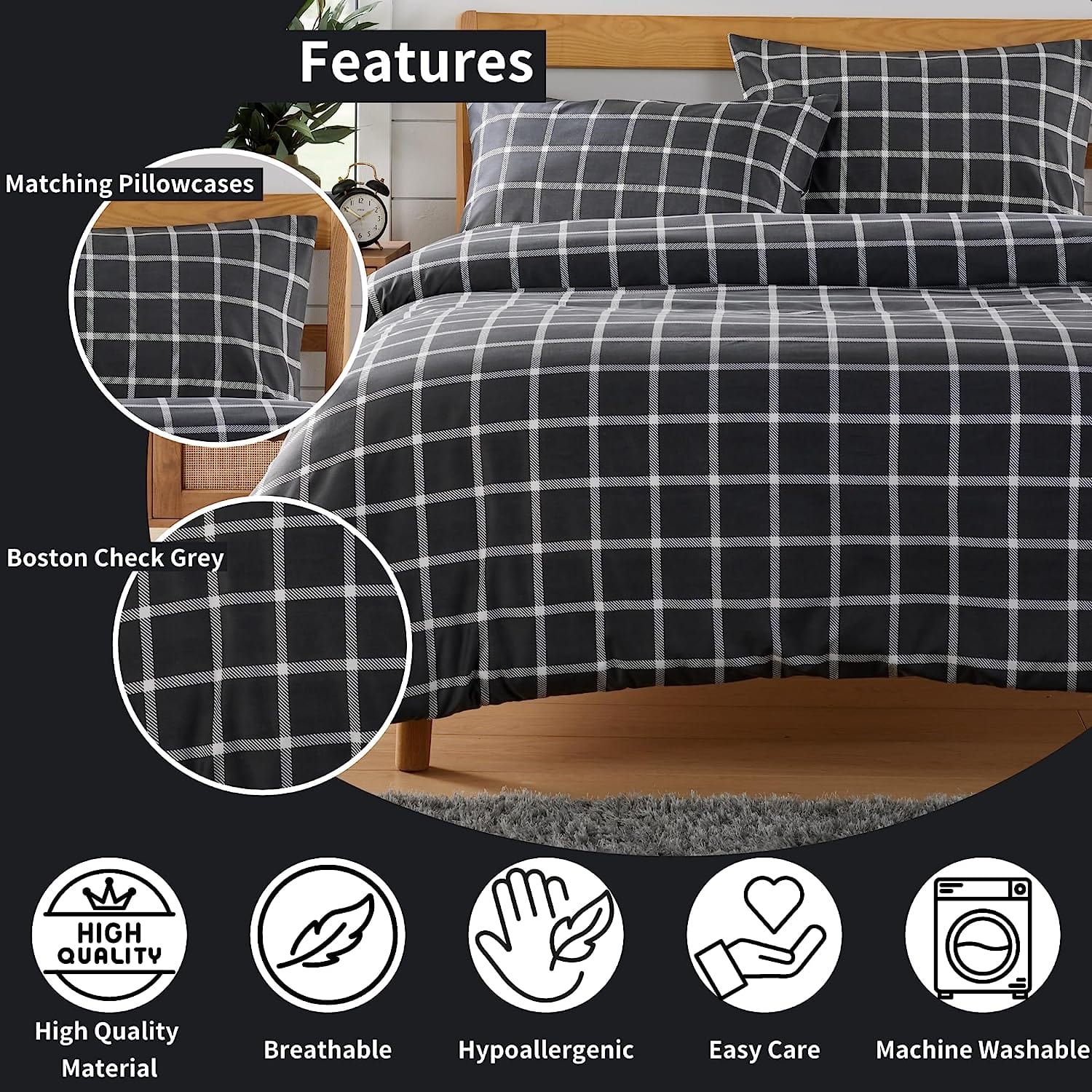 OLIVIA ROCCO Grey Check Reversible Duvet Cover Set Soft Durable Breathable Polyester Bedding Machine Washable Single Double King