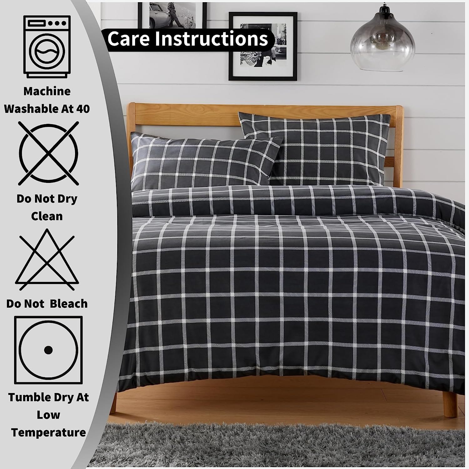 OLIVIA ROCCO Grey Check Reversible Duvet Cover Set Soft Durable Breathable Polyester Bedding Machine Washable Single Double King