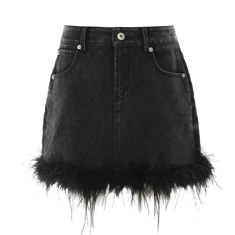 Feathered Elegance A-Line Denim Skirt for Women - Chic High-Rise Summer Fashion
