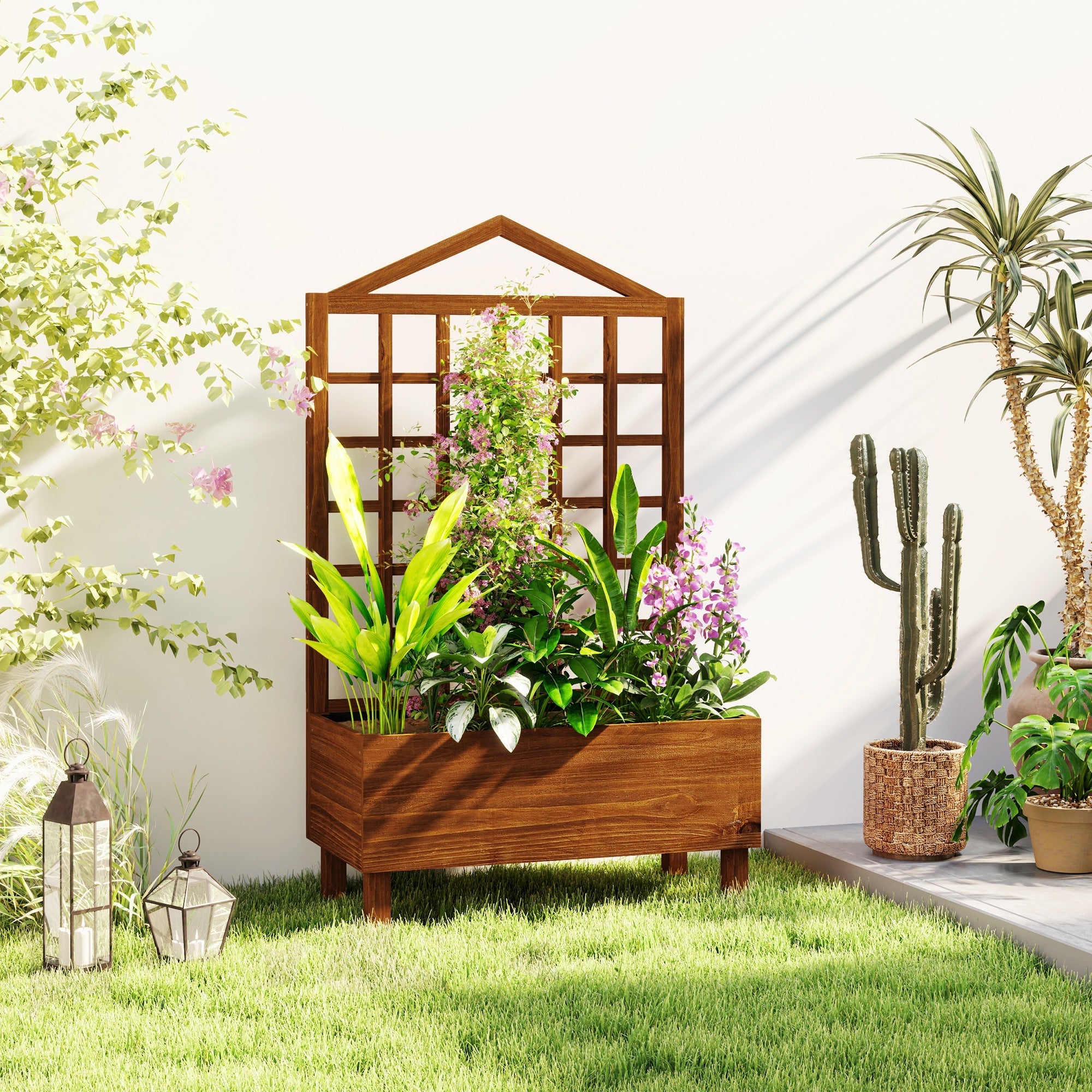 Outsunny Wooden Garden Planters with Trellis for Vine Climbing Plants Brown