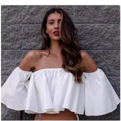 Elegant Off-Shoulder Chiffon Blouse with Wrap Design and 5/4 Sleeve in White & Blue