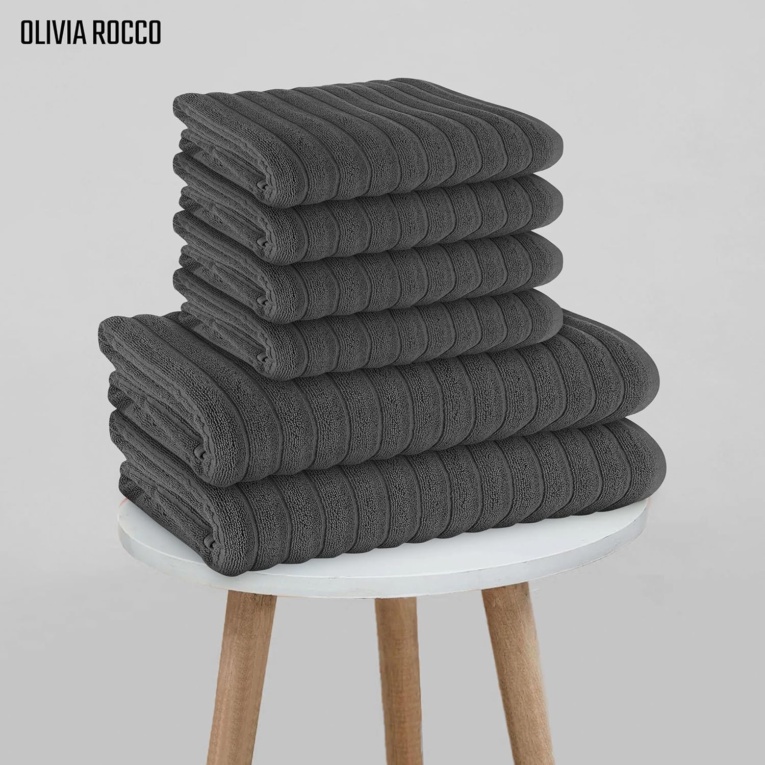 OLIVIA ROCCO Hydro Cotton Ribbed Towels Jumbo Bath Sheets 2 Pack Charcoal Highly Absorbent Quick Dry Soft Lightweight Set