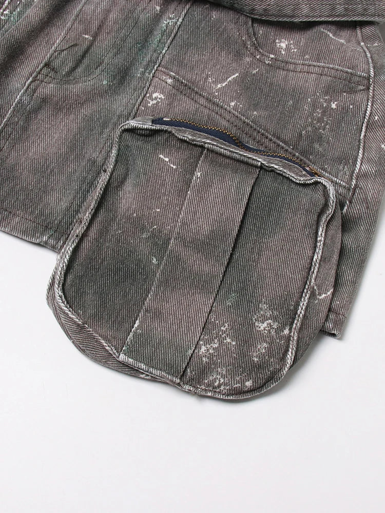 DEAT Women's Distressed Denim Skirt with Lace-Up Belt and Camouflage Design for Spring 2024