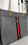 Faux Leather Chain Shoulder Bag with Stripe Detail
