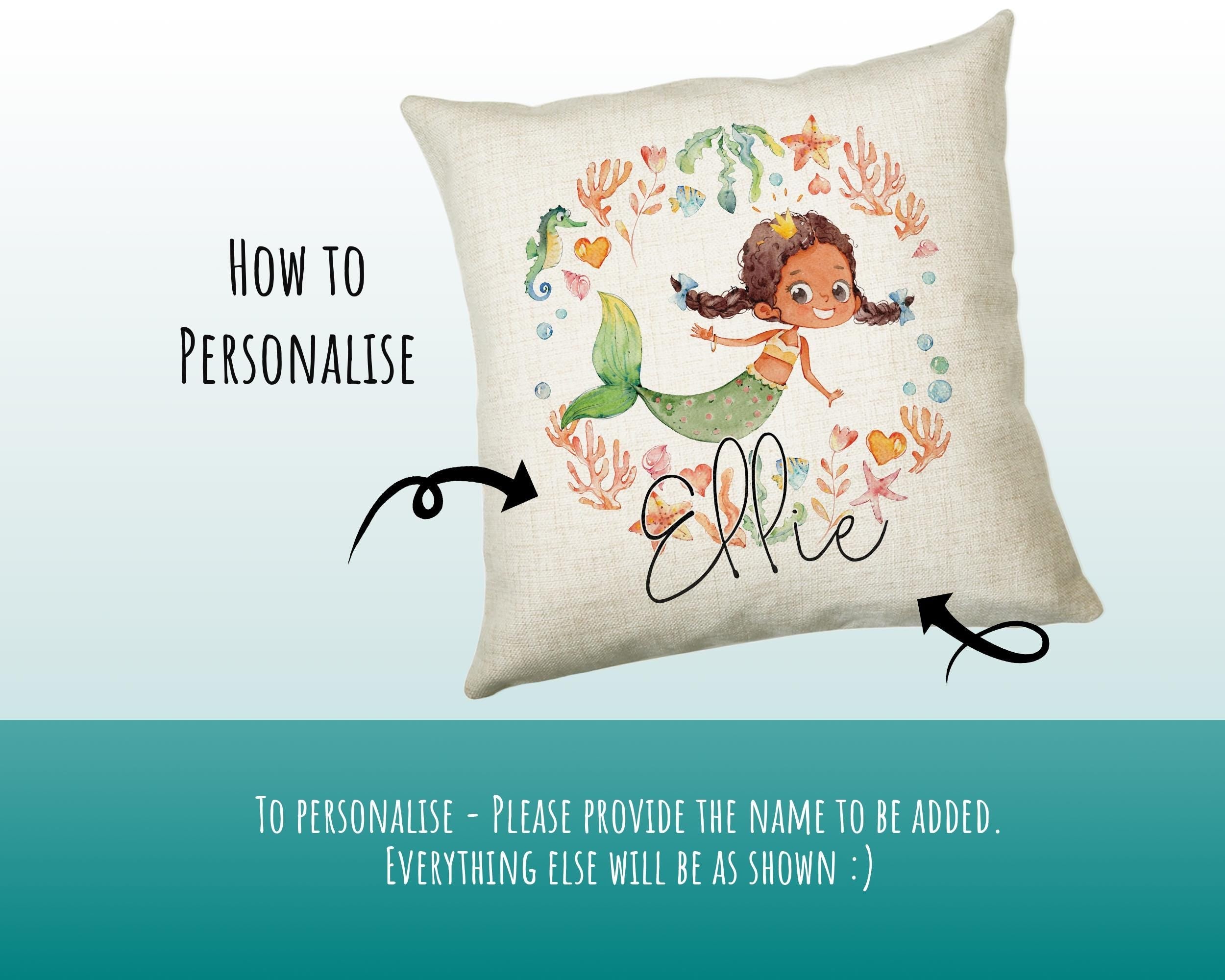 Personalised Brunette Mermaid Cushion Gift Printed Name Design - Throw Pillow Gift For Girls Nursery Bedroom Birthday Christmas Gift CS200