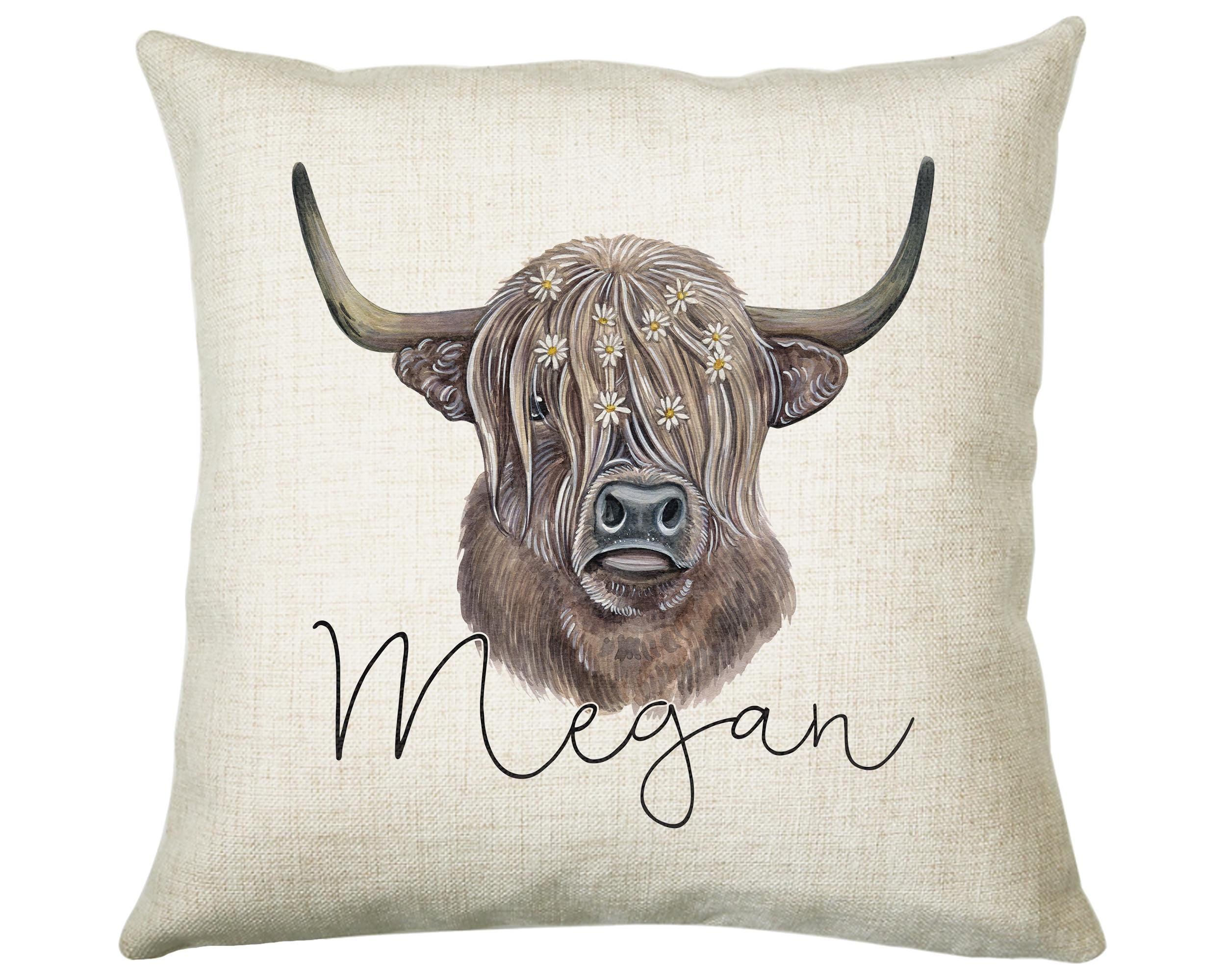 Personalised Highland Cow Cushion Gift Printed Name Design - Cushion Throw Pillow Gift Scottish Cattle Design CS306