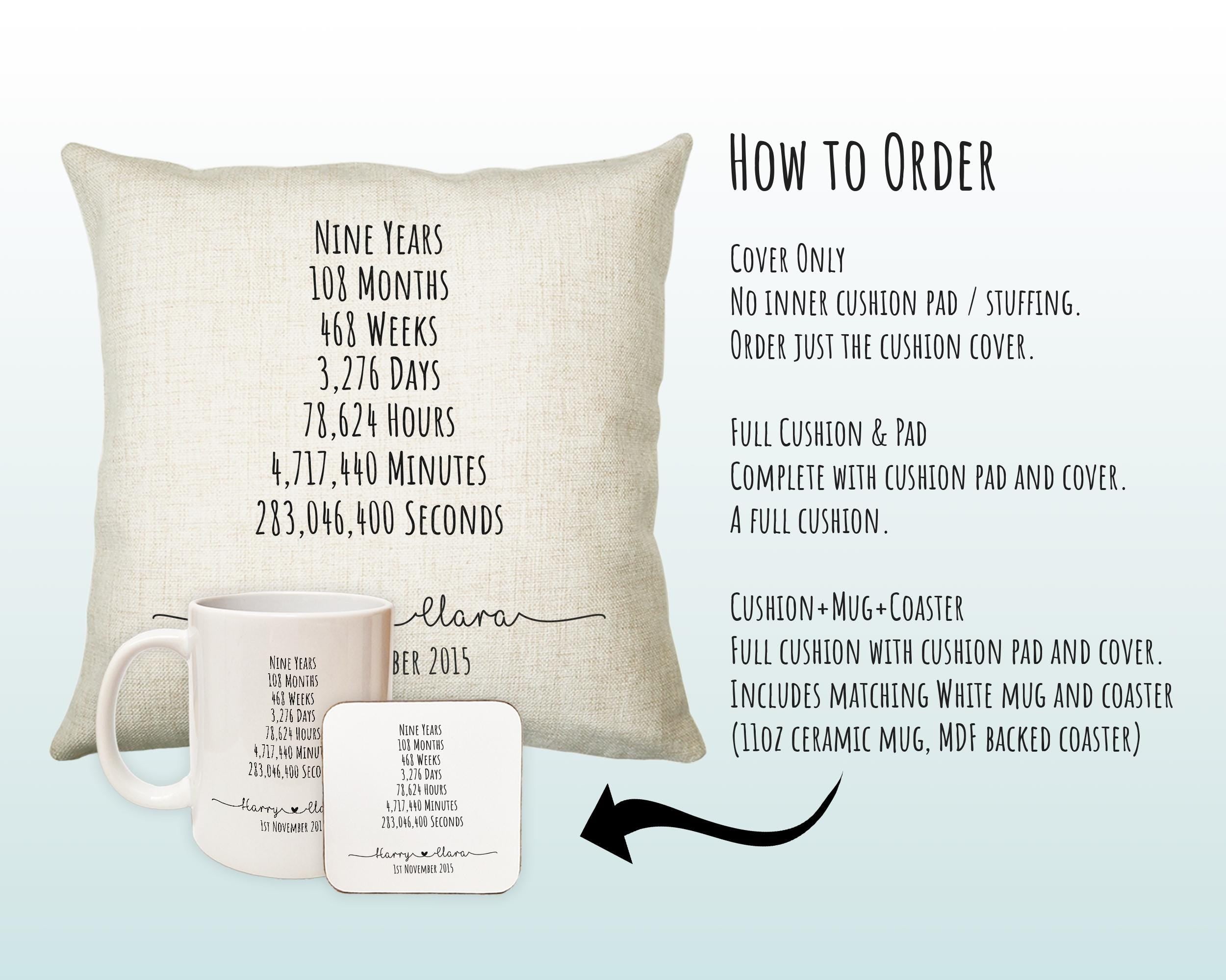 Personalised 9th Anniversary Cotton Gift Cushion Nine Years Custom Design Gift Valentines Present - Wedding Cushion Pillow Gift CS553